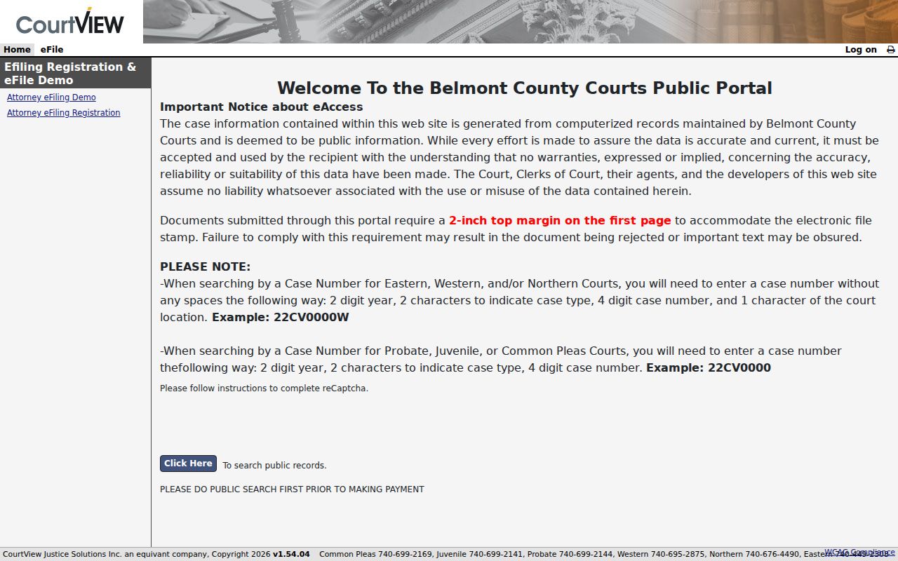 Belmont County case lookup Clerk CourtView portal