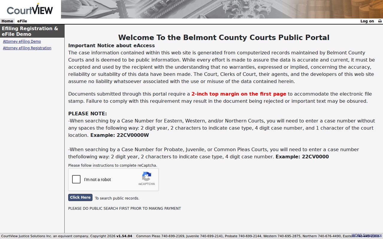 Belmont County case lookup County Courts CourtView portal