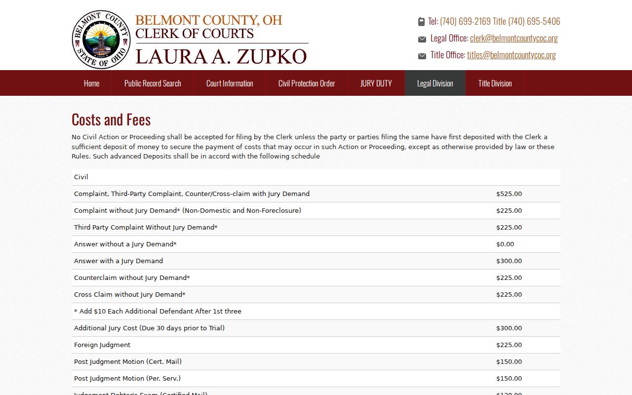 Belmont County Clerk costs and fees page