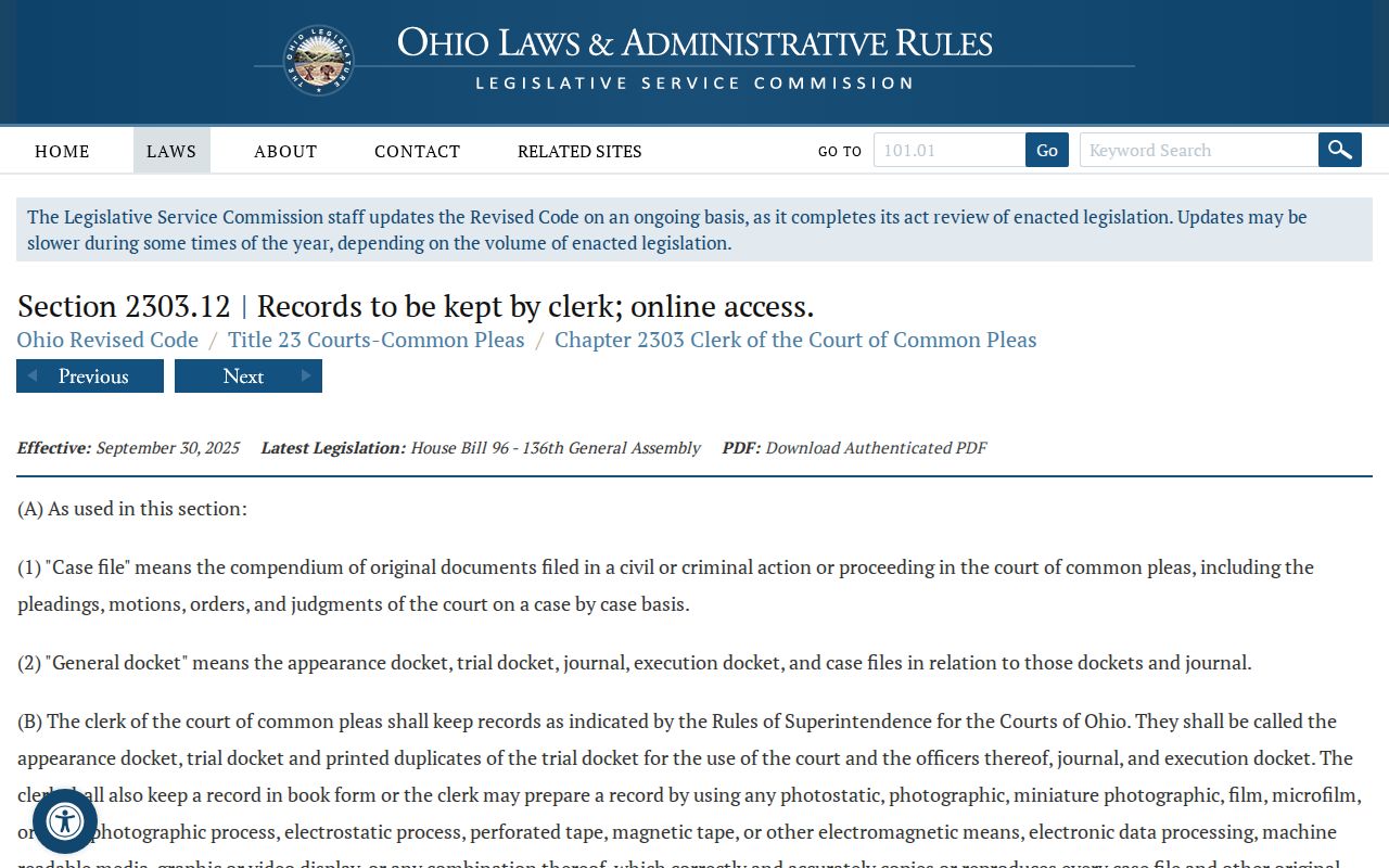 Ohio Revised Code section 2303.12 on Common Pleas docket records