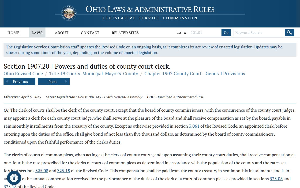 Ohio Revised Code section 1907.20 on County Court case dockets