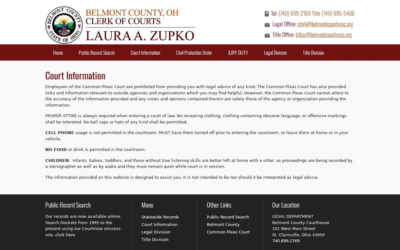 Belmont County Clerk court information page