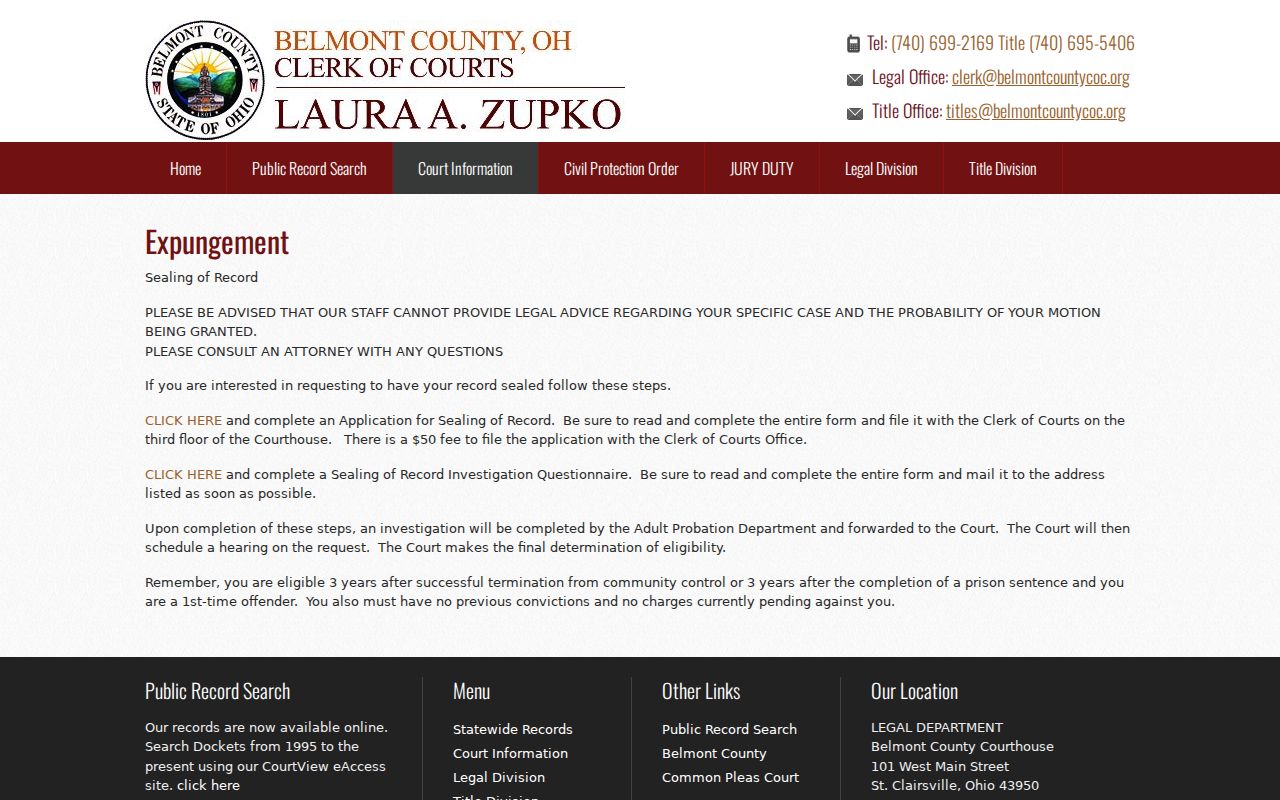 Belmont County Clerk sealing and expungement page