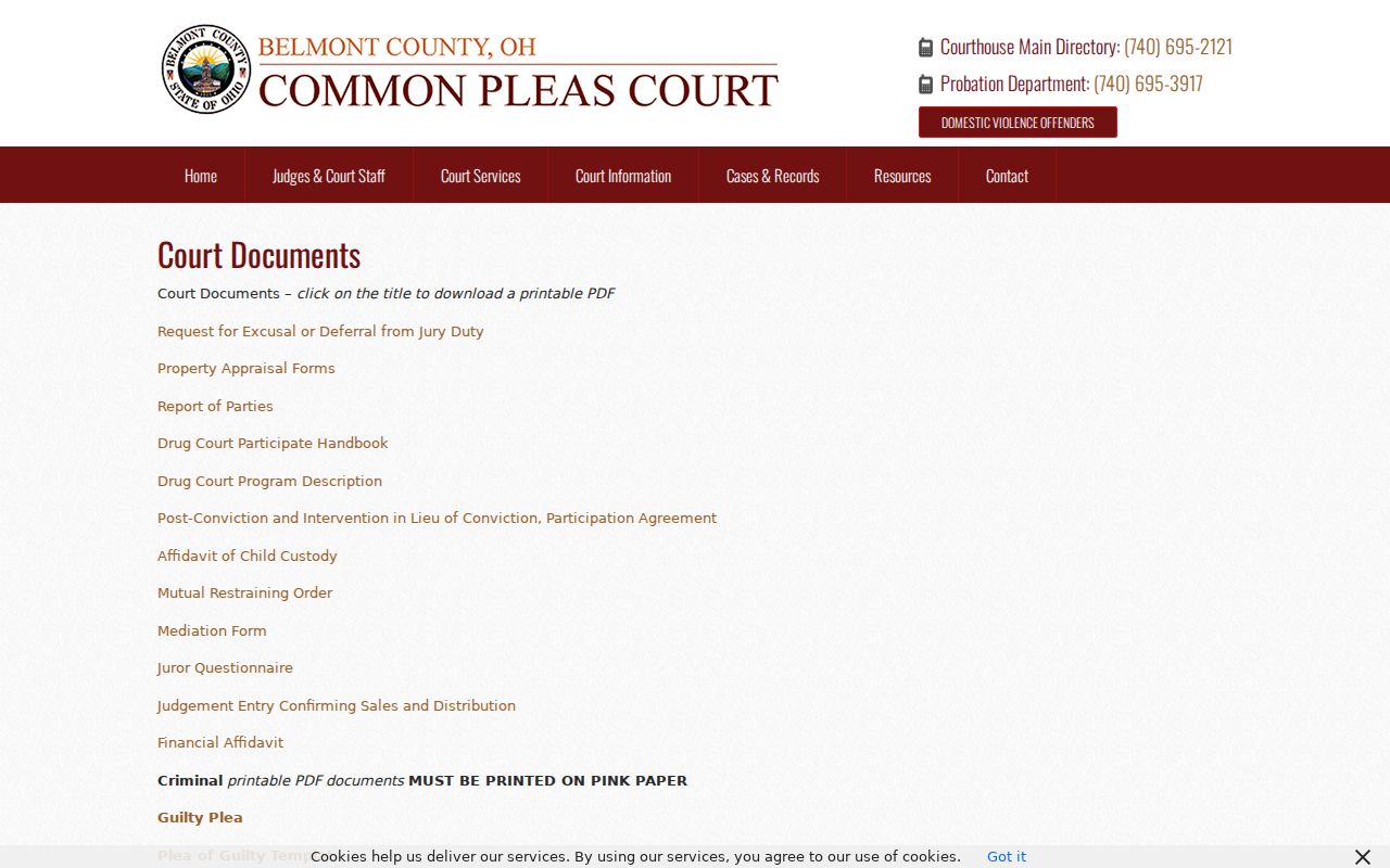 Belmont County Common Pleas court documents page