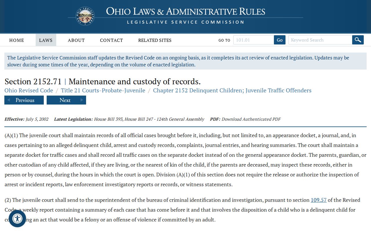 Ohio Revised Code section 2152.71 on juvenile docket access